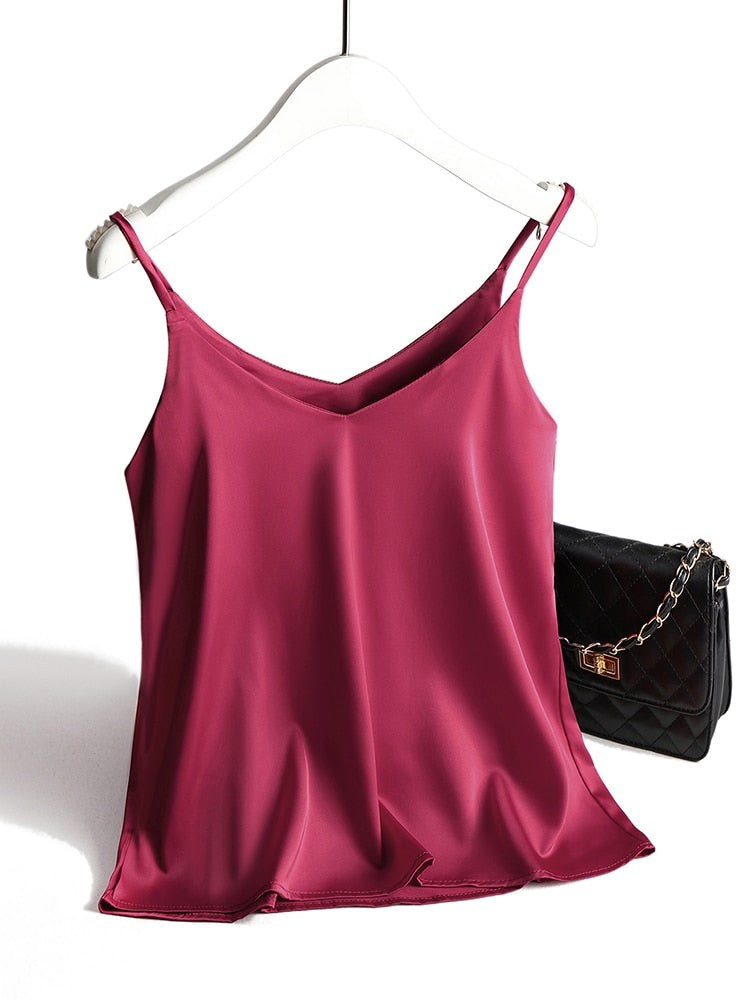 Spaghetti Strap Halter V Neck Sleeveless Satin Silk Tank Top