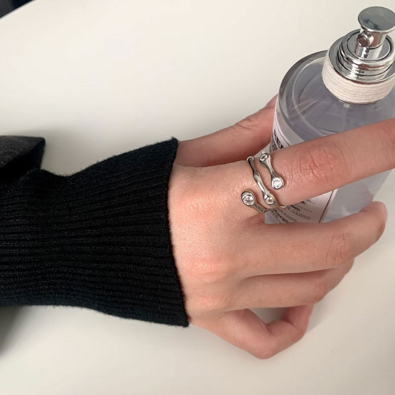 VENTFILLE 925 Sterling Silver Wave Light-shaped Solid Double-layer Ring