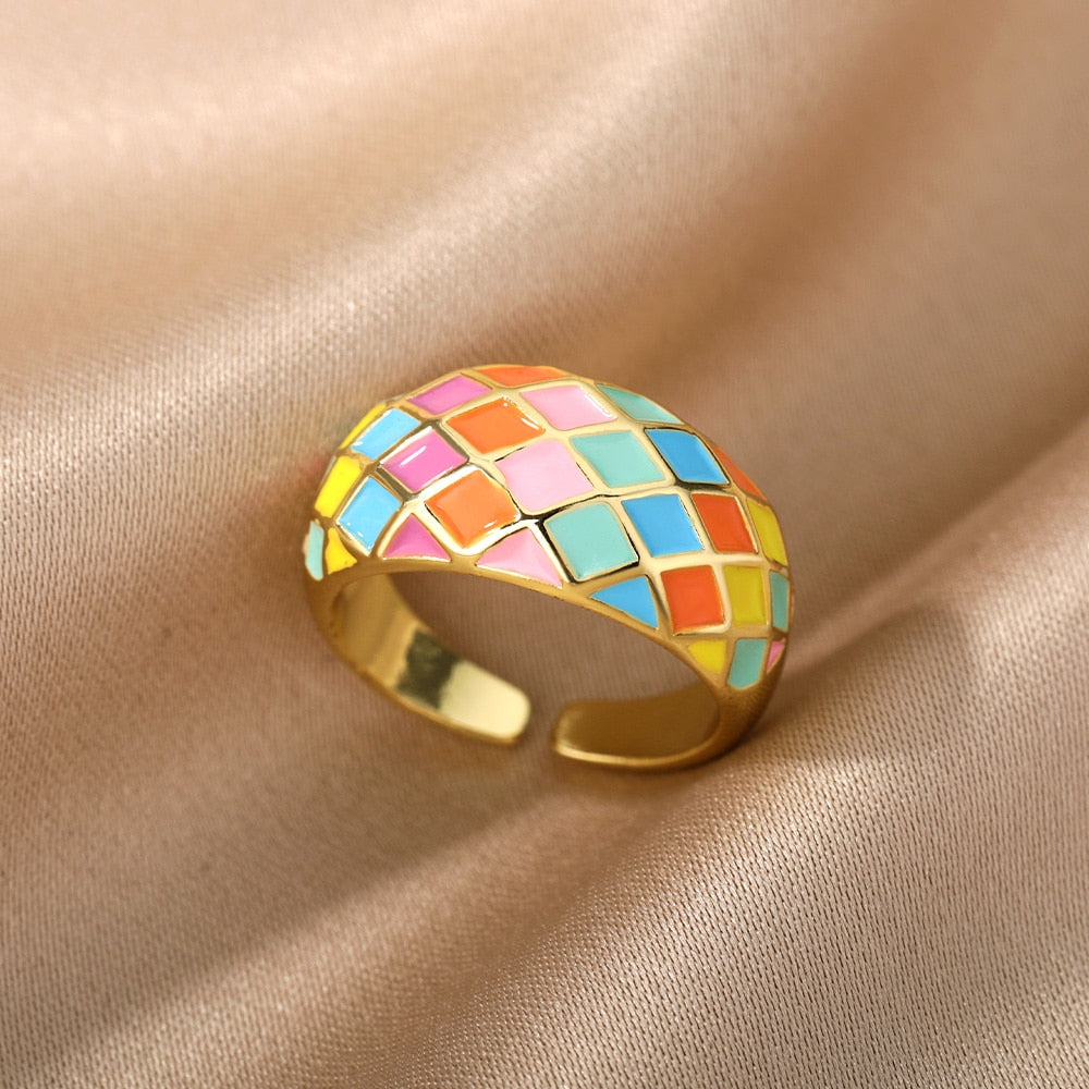 Colorful Enamel Adjustable Open Stainless Steel Ring