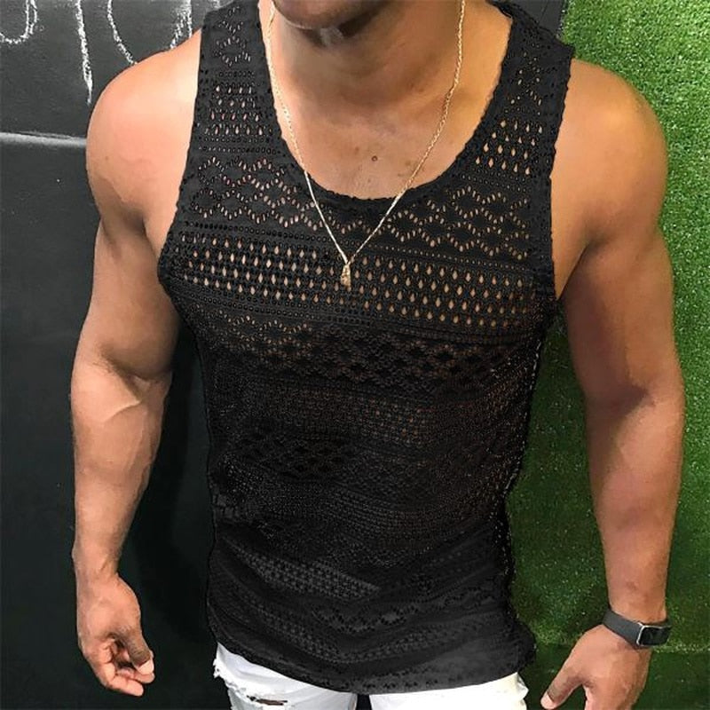 Lace Hollow Out Slim Fit Sleeveless Shirt