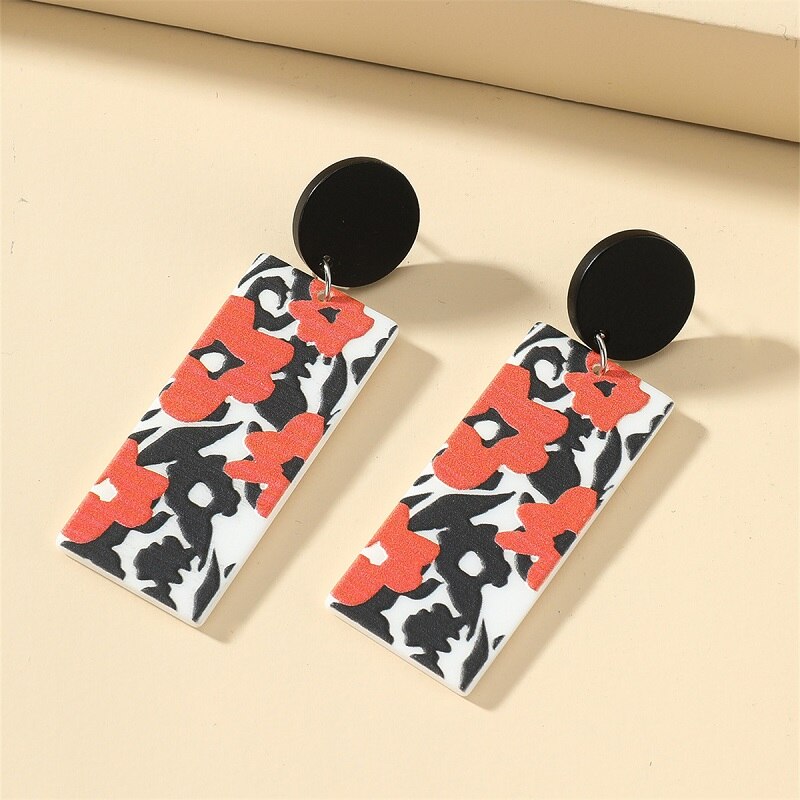 Retro Acrylic Flower Temperament Contrast Color Square Earrings