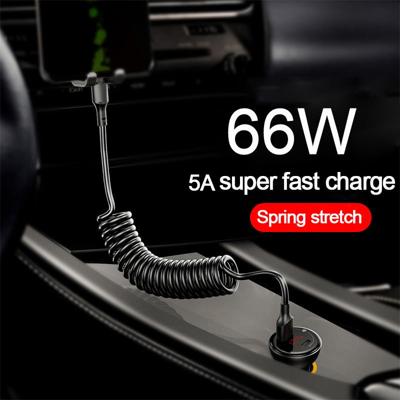 66W 5A USB Type C Data Cable 3A Micro USB Spring Pull Telescopic Fast Charging Cable for Android Phone Accessories Car USB Cable