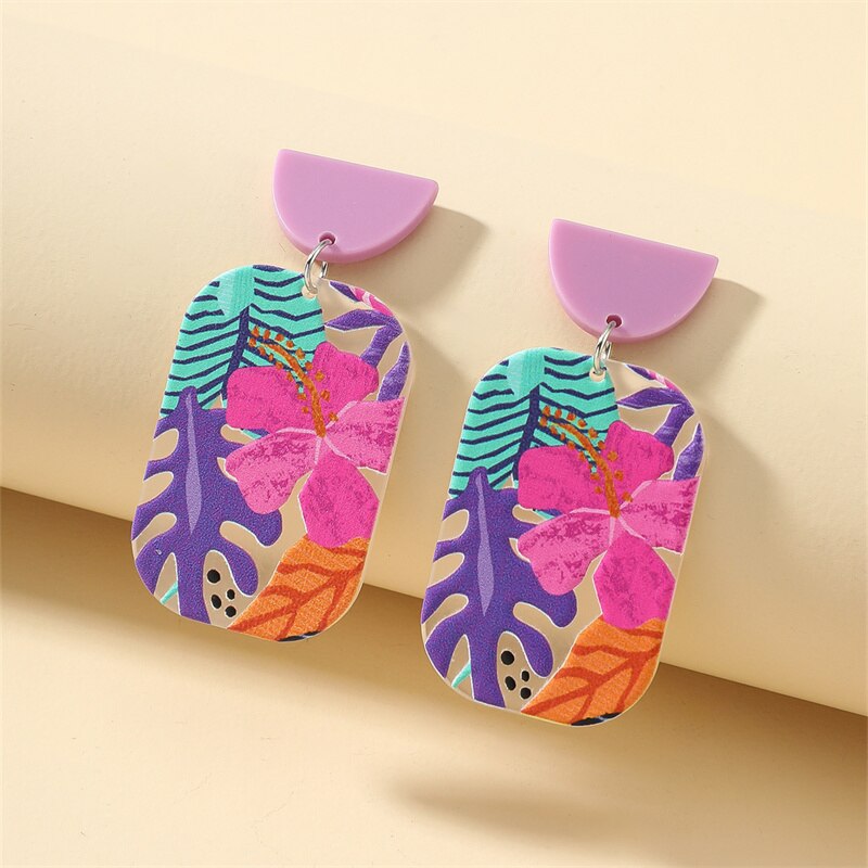 Retro Acrylic Flower Temperament Contrast Color Square Earrings