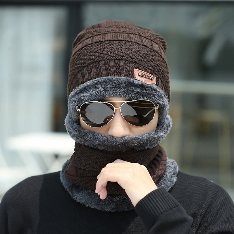 Thick Wool Neck Scarf Cap Balaclava Mask Bonnet Hats Set Unisex