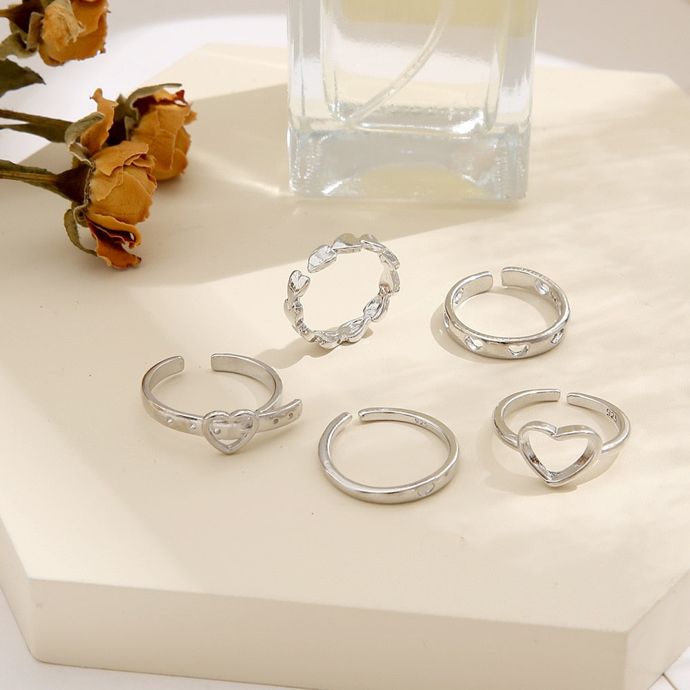 Hollow Heart Ring Set 5PCS Elegant Vintage Adjustable