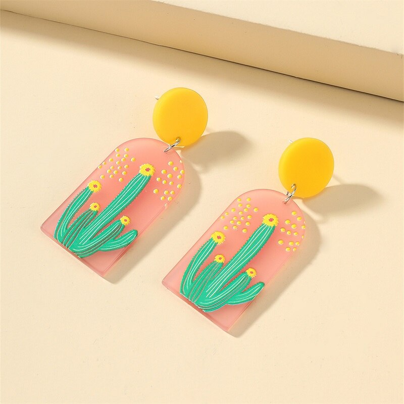 Retro Acrylic Flower Temperament Contrast Color Square Earrings