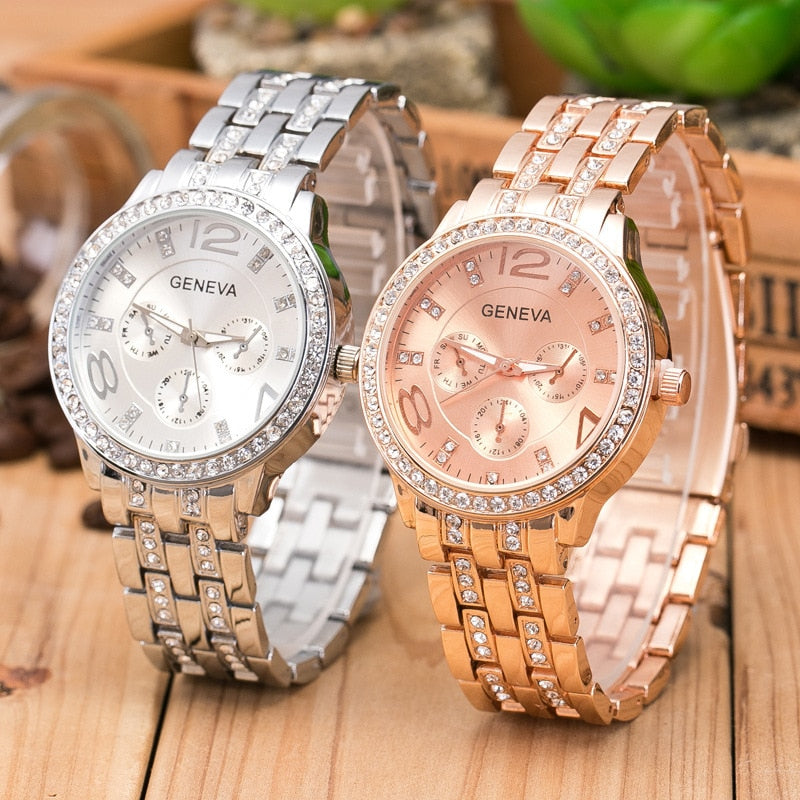 Luxury Geneva Brand Women Gold Stainless Steel Quartz Watch
