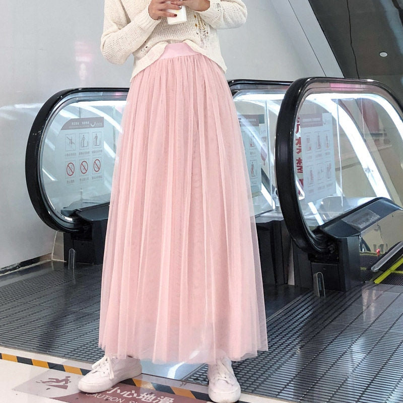 3 layers High Waist Pleated Long Skirt