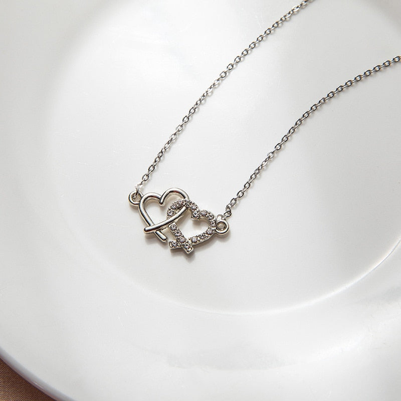 Shiny Bling Zircon Double Layer Heart Clavicle Chain  Necklace