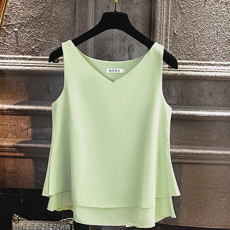Summer Sleeveless Chiffon Shirt Solid V-neck Casual Blouse