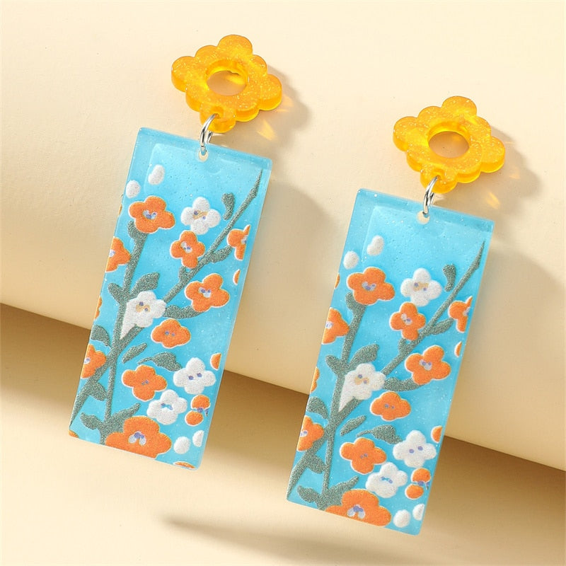 Retro Acrylic Flower Temperament Contrast Color Square Earrings