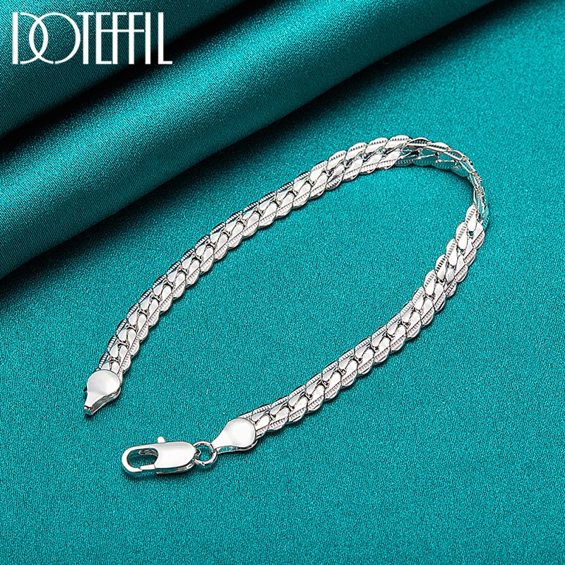 6mm 18/19/20cm Flat Side Chain Lobster Clasp Silver Bracelet