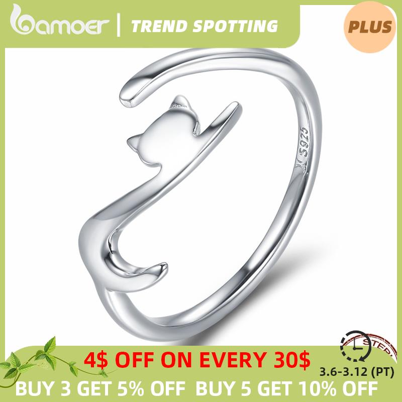 BAMOER 925 Sterling Silver Sticky Cat with Long Tail Finger Ring