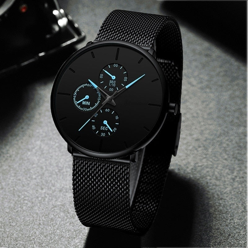 Luxury Ultra Thin Mesh Belt Quartz Men Leather Wrist Watch