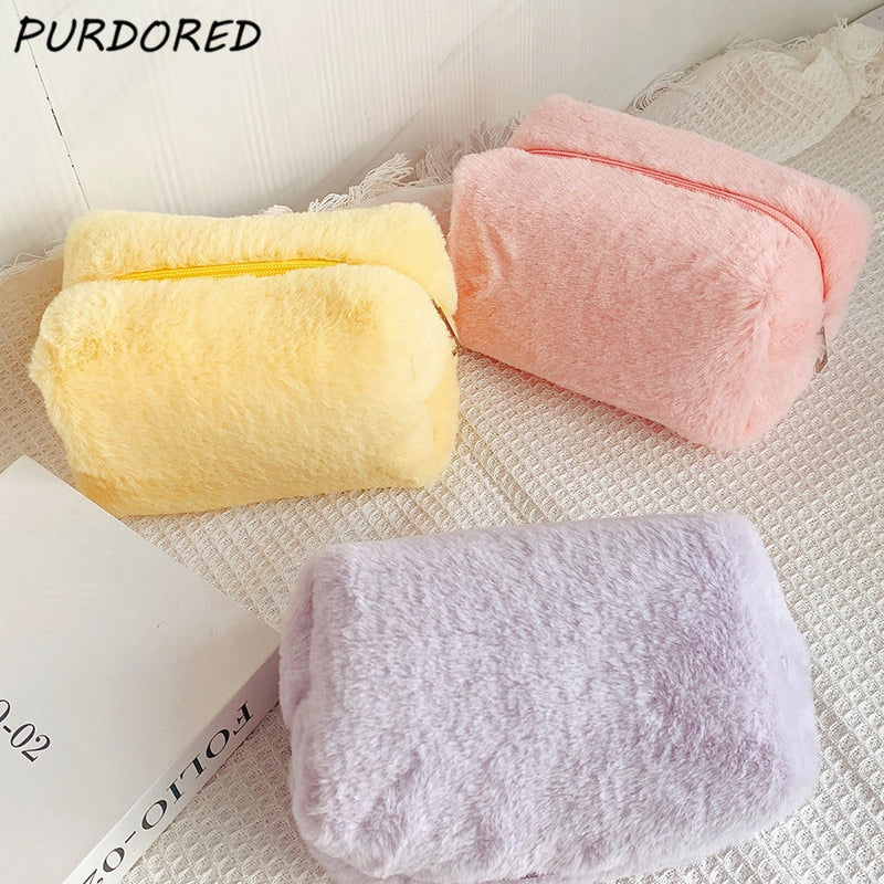 PURDORED 1 Pc Solid Color Fur Makeup Bag Organizer Case