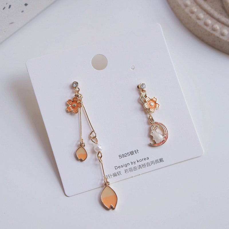 Animal Cat Cherry Blossoms Asymmetrical Earring Party Kitten Jewelry Gifts