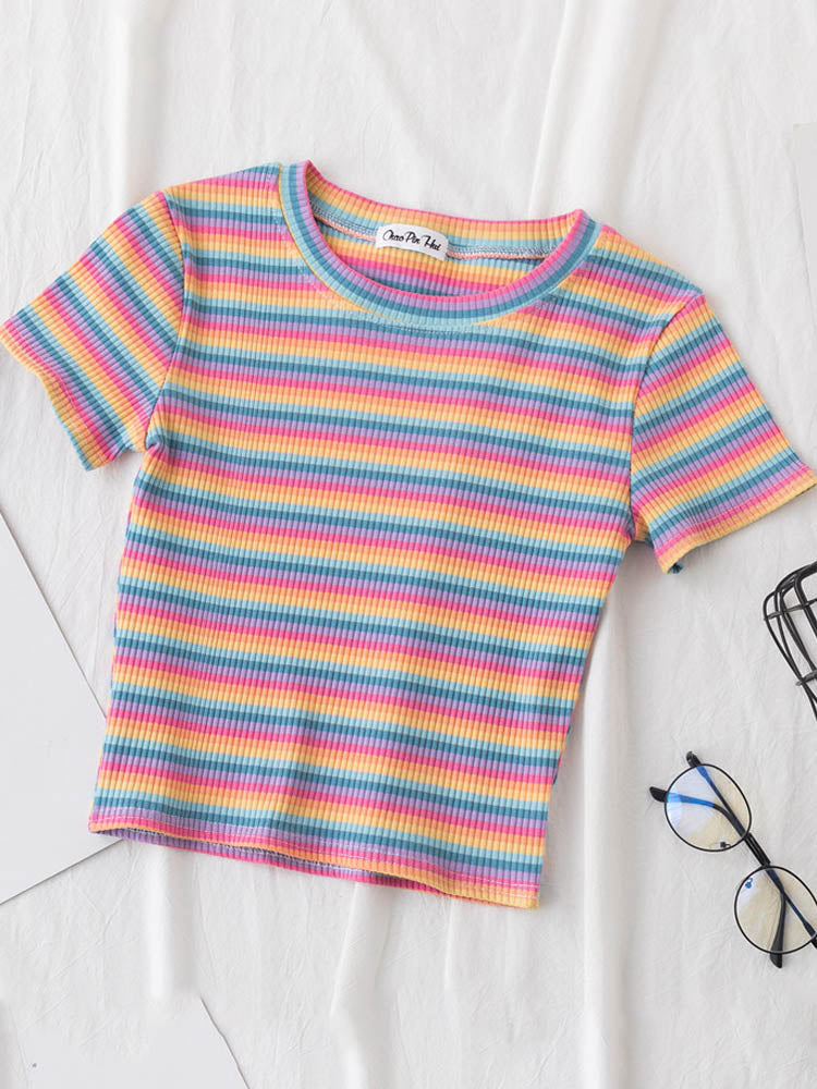 New T Shirt Women Rainbow Striped Tops Slim Fit t shirt