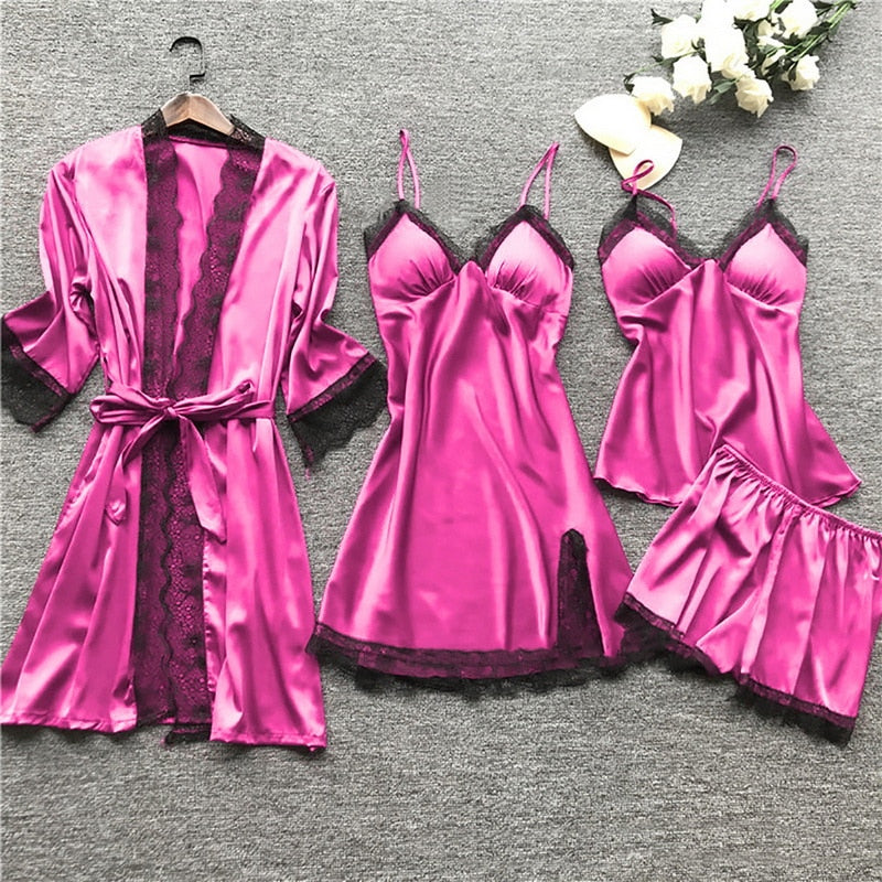 Silk 4-piece Nightwear Ladies Solid Color Strap Lace Pajamas with Chest Pads