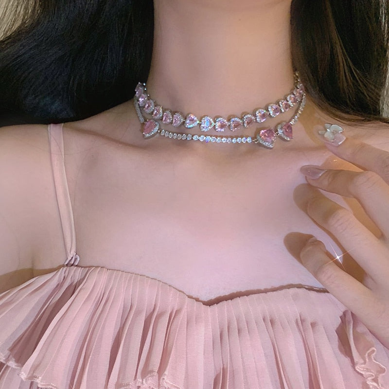 UILZ Sweet Pink Heart Zircon Choker Necklace