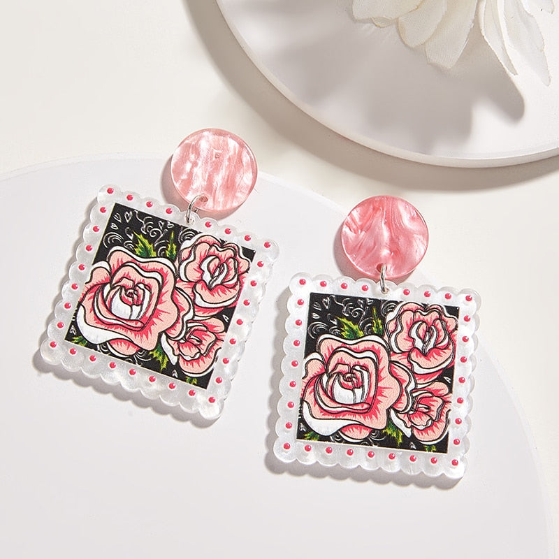 Retro Acrylic Flower Temperament Contrast Color Square Earrings