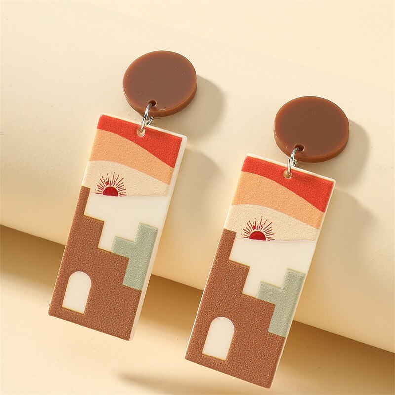 Retro Acrylic Flower Temperament Contrast Color Square Earrings