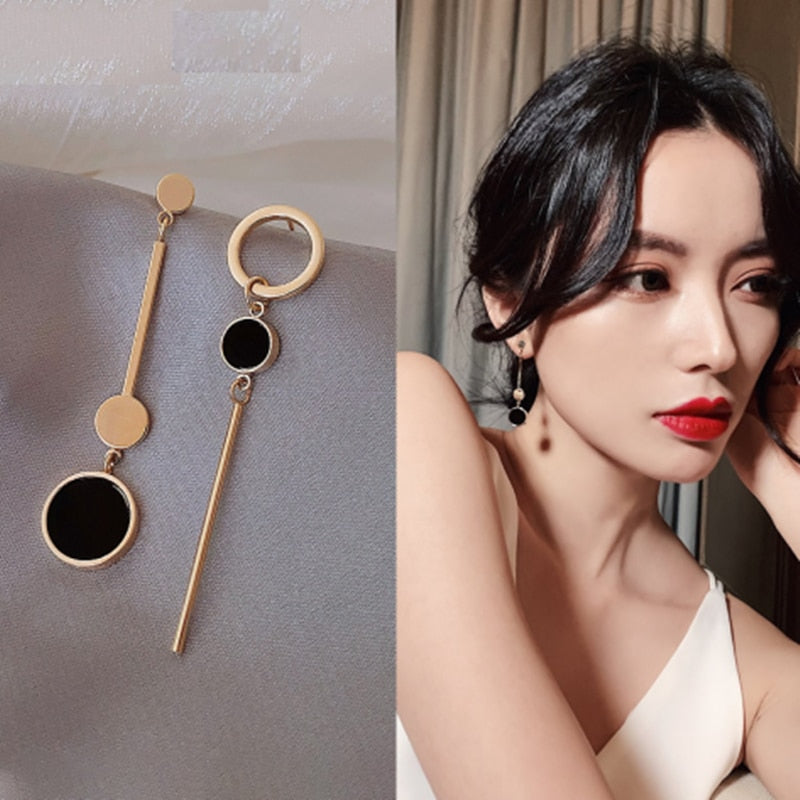 Long Statement Asymmetry Round Geometric Rectangle Black Crystal Earrings