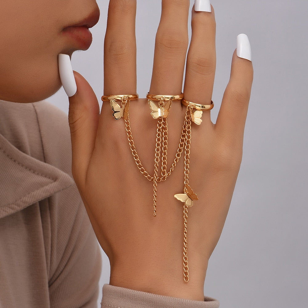 Simple Link Connected Gold plated Wide Finger Ring Bracelet