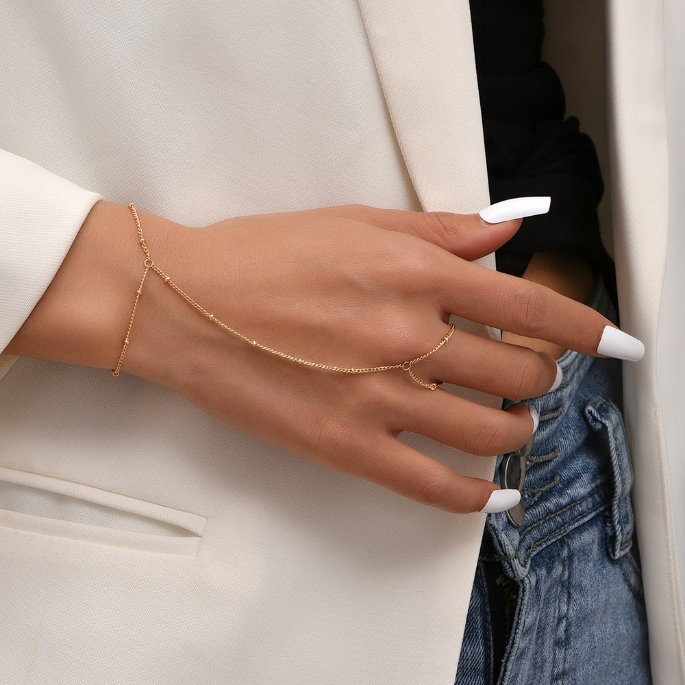 Simple Link Connected Gold plated Wide Finger Ring Bracelet
