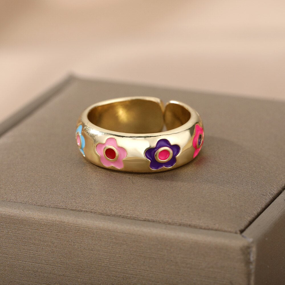 Colorful Enamel Adjustable Open Stainless Steel Ring
