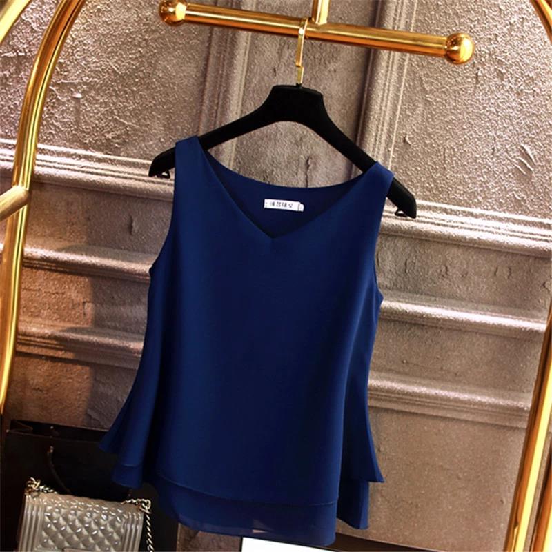 Summer Sleeveless Chiffon Shirt Solid V-neck Casual Blouse