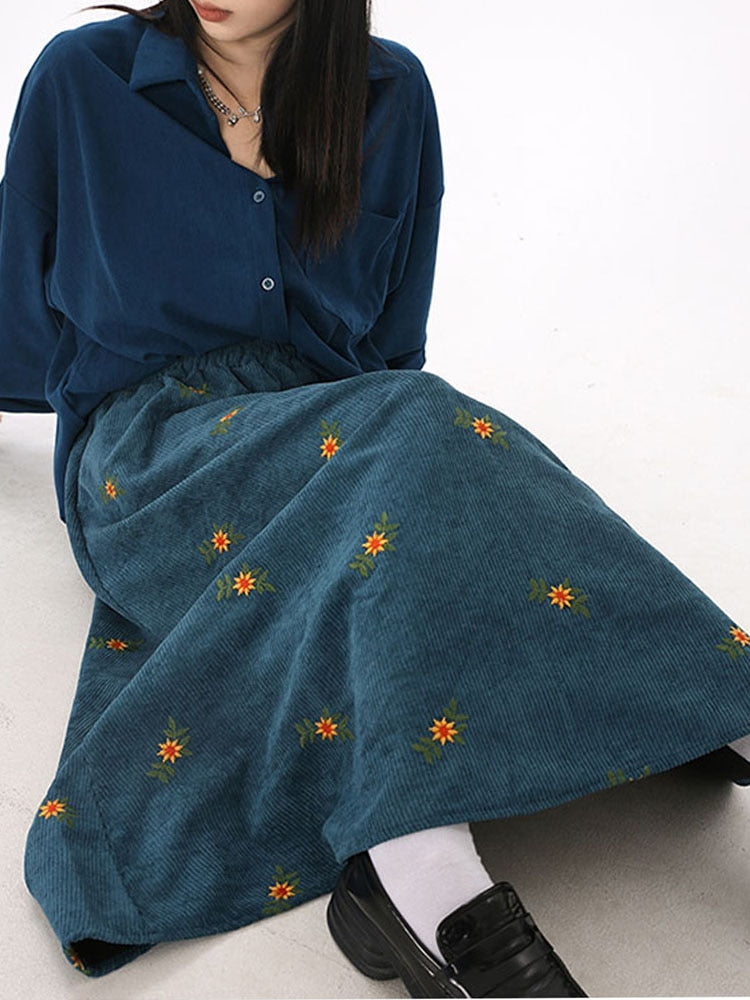 Korean Style High Waist Corduroy Embroidery Loose Floral A-line Long Skirt