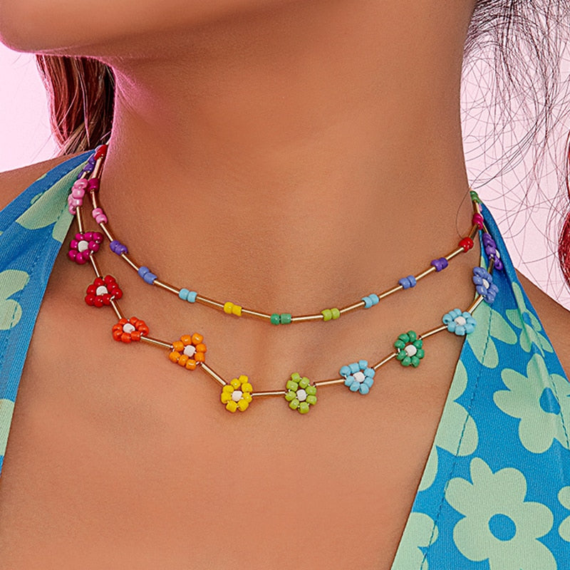 Salircon Trend Bohemia Rainbow Color Seed Beads Chain Choker Necklace