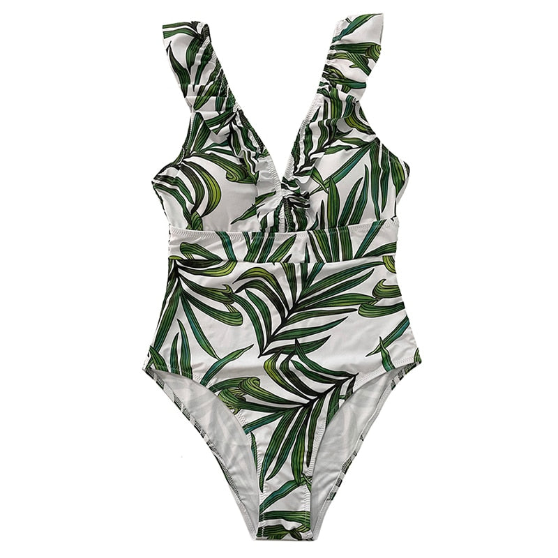 One Piece Striped Ruffled Vintage Print Swimsuit