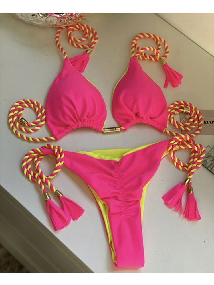 RUOTONGSEPT Triangle Bandage Swimwear Thong Bikini Set