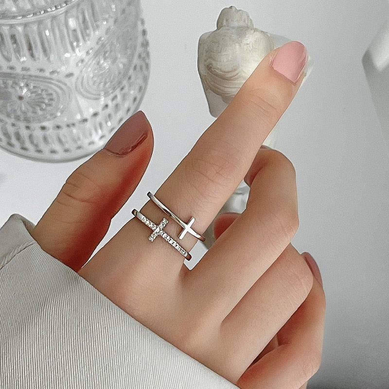 Silver Color Double Cross Flashing Zircon Open Ring