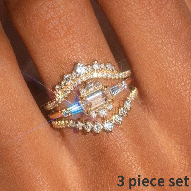 4 pcs/set Geometric Gold Color Combination Round Zircon Crystal Ring