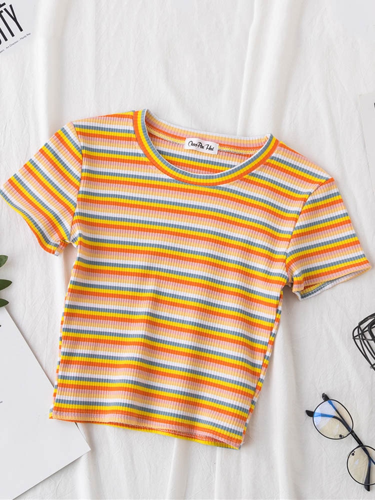 New T Shirt Women Rainbow Striped Tops Slim Fit t shirt