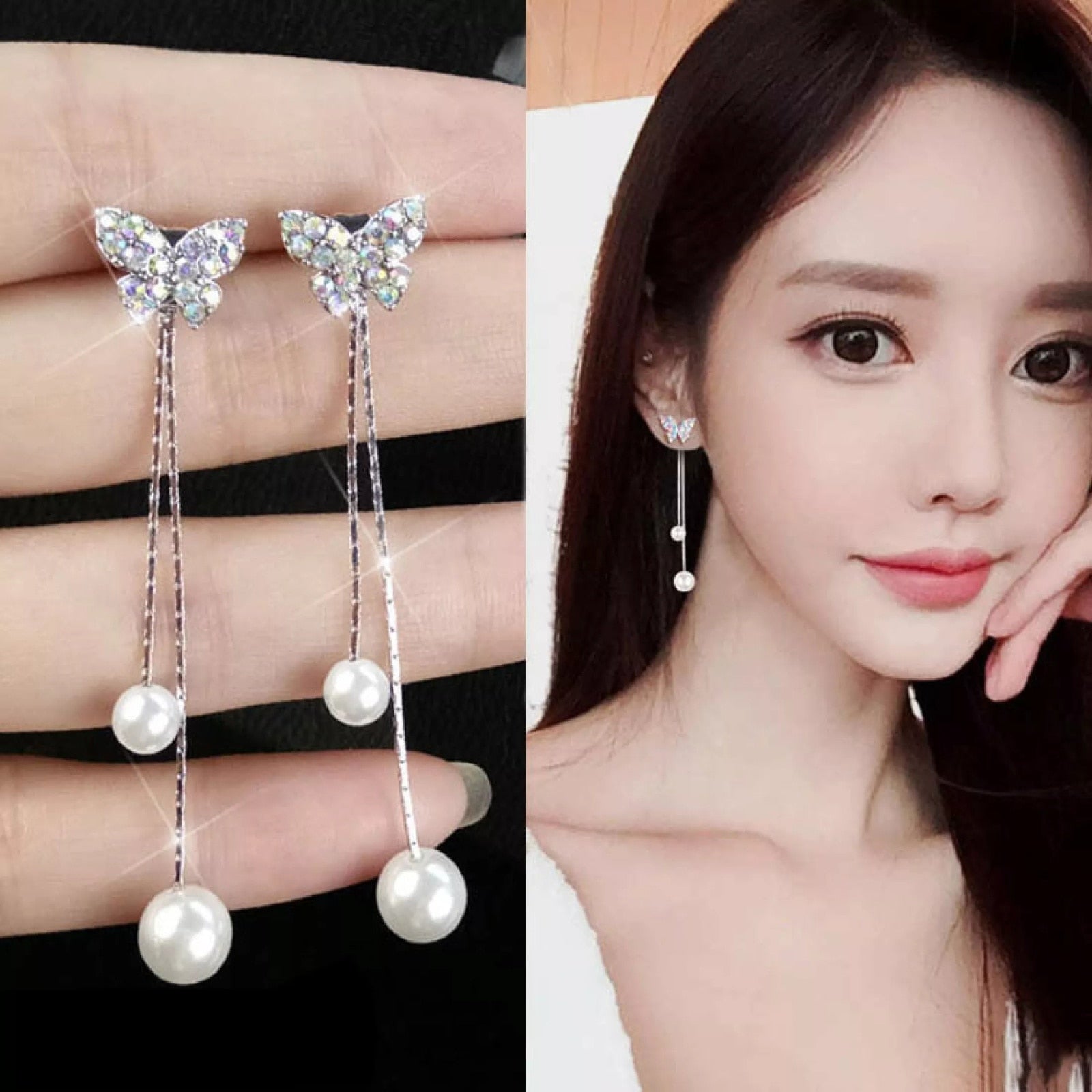 LFashion Full Crystal Simulated Pearl Tassel Drop Earring
