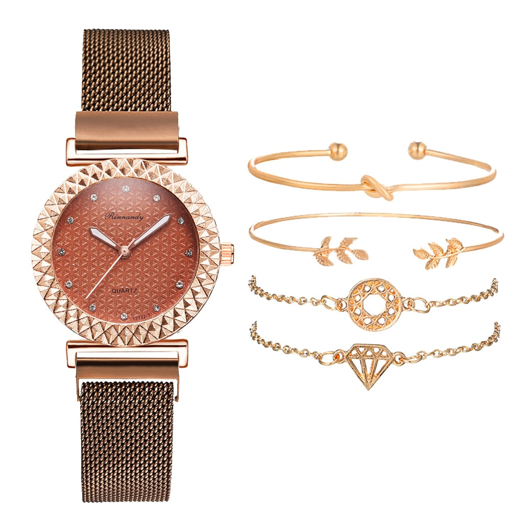 5PCS Women Set Luxury Rose Gold Dress Quartz Watch Bracelet
