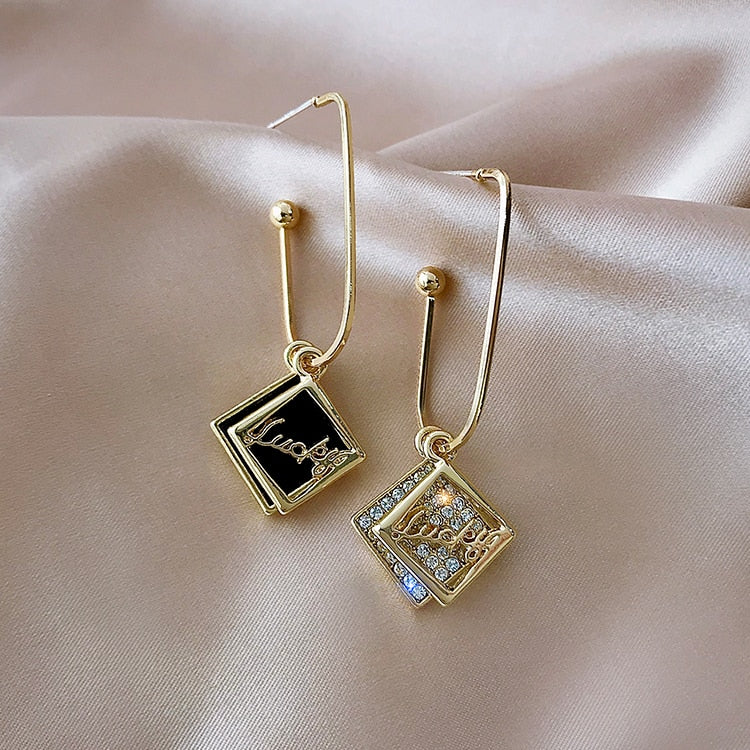 Long Statement Asymmetry Round Geometric Rectangle Black Crystal Earrings