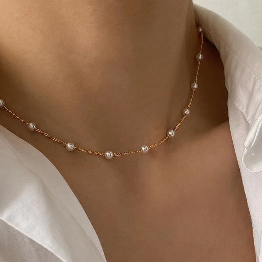 SUMENG Double Layer Chain  Kpop Pearl Choker Necklace
