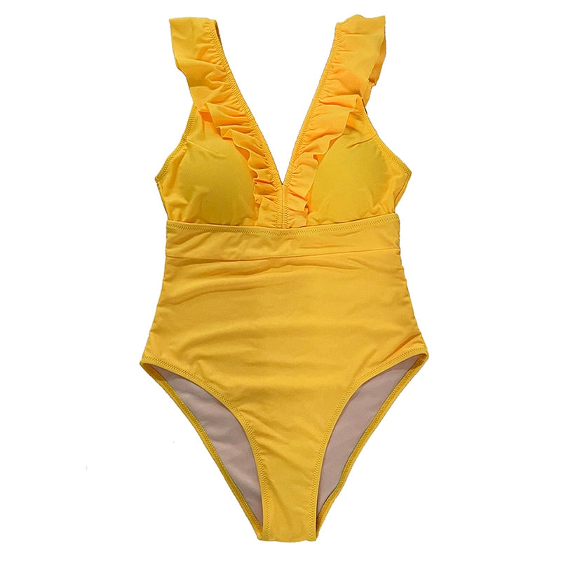 One Piece Striped Ruffled Vintage Print Swimsuit