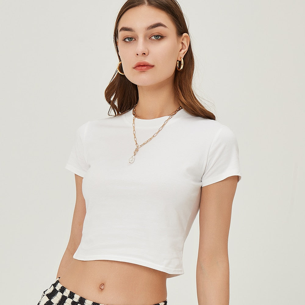 Crop Top Female Solid Cotton O-Neck Short Sleeve T-Shirt