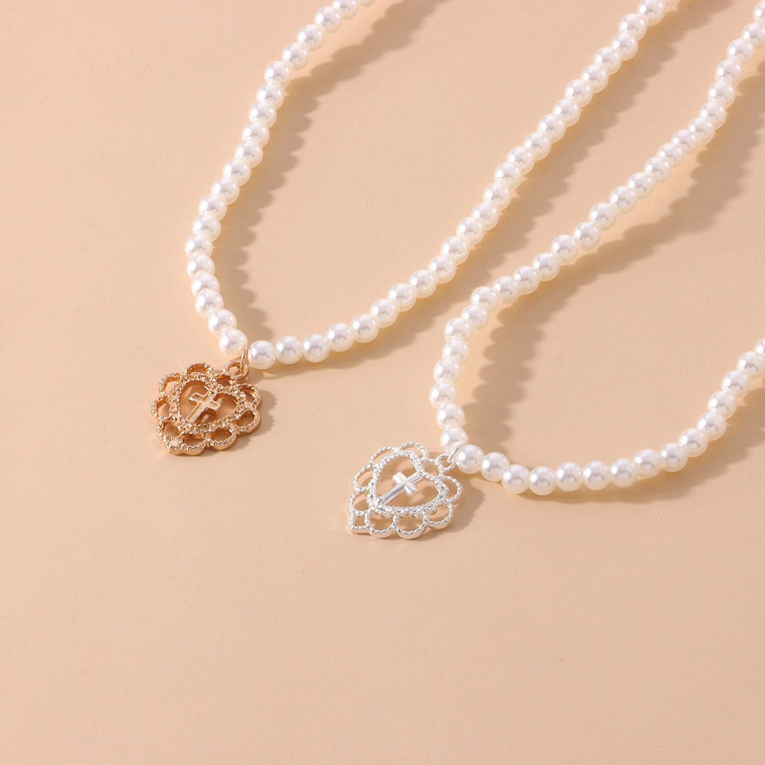 Retro Girl  Hollow Love Cross Pendant Pearl Necklace