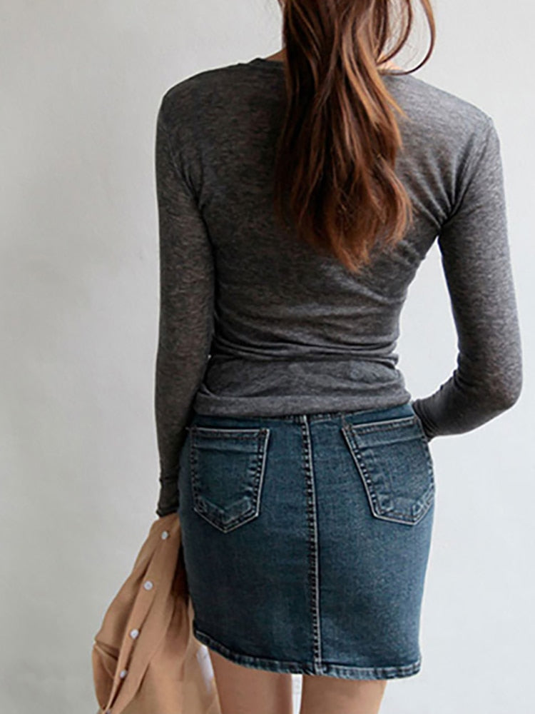 Slim High Quality Long Sleeve Sexy Thin T-shirt see through