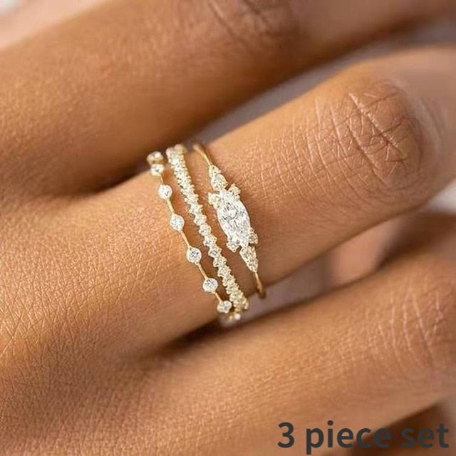 4 pcs/set Geometric Gold Color Combination Round Zircon Crystal Ring