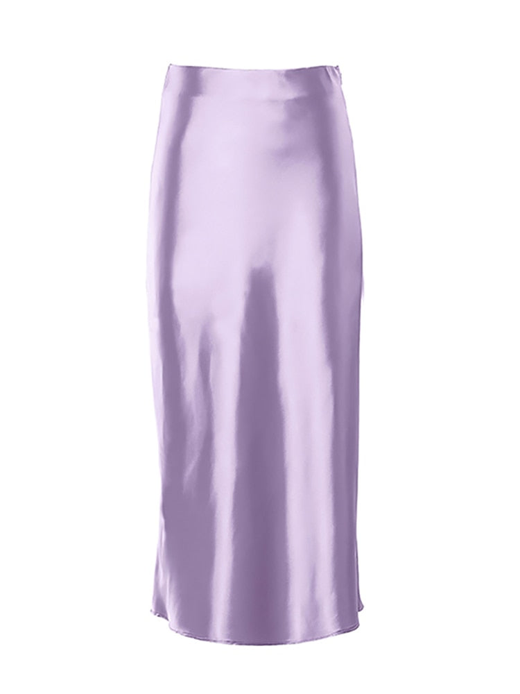 Solid Purple Satin High Waisted Silk Skirt