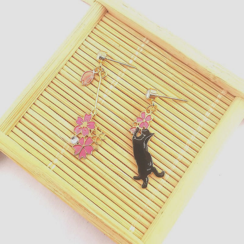 Animal Cat Cherry Blossoms Asymmetrical Earring Party Kitten Jewelry Gifts