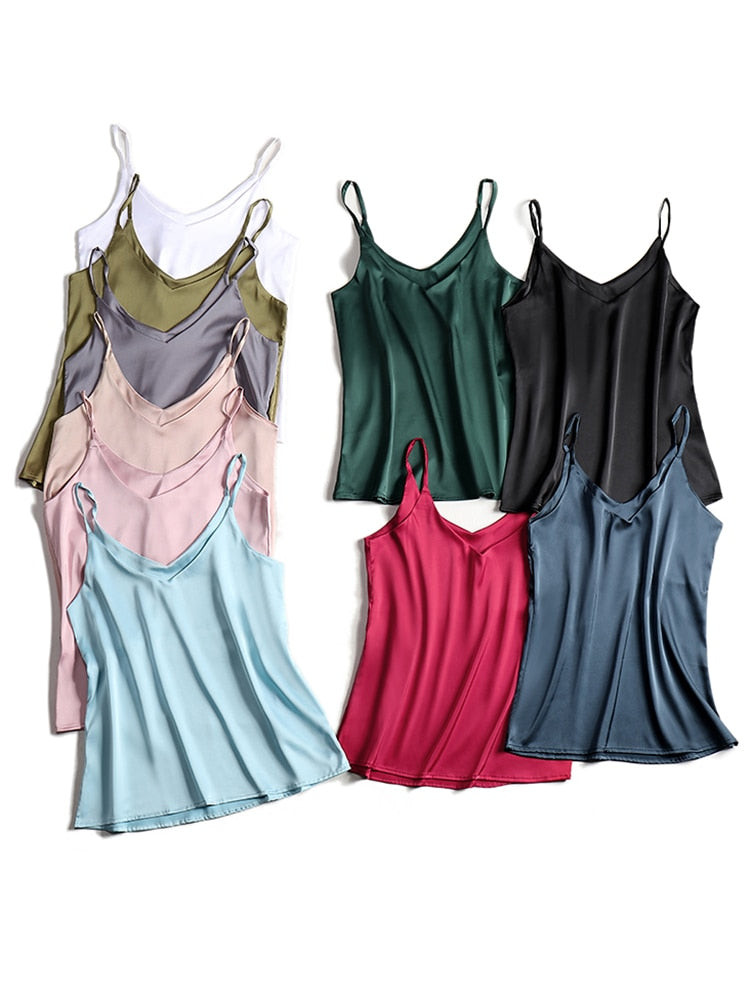Spaghetti Strap Halter V Neck Sleeveless Satin Silk Tank Top