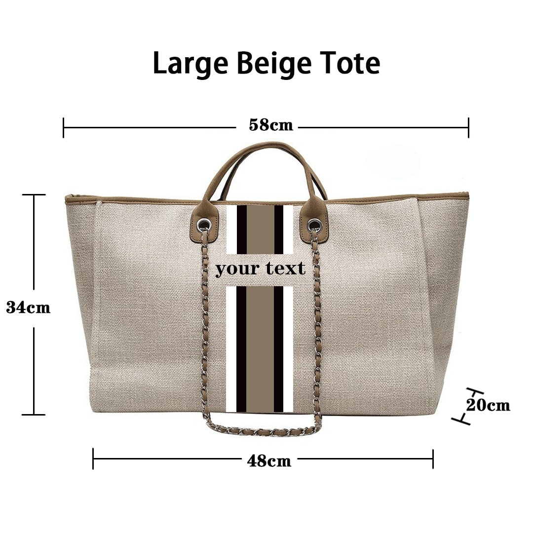 Customised Chain Handbag White Stripe Initials Canvas Tote Bag